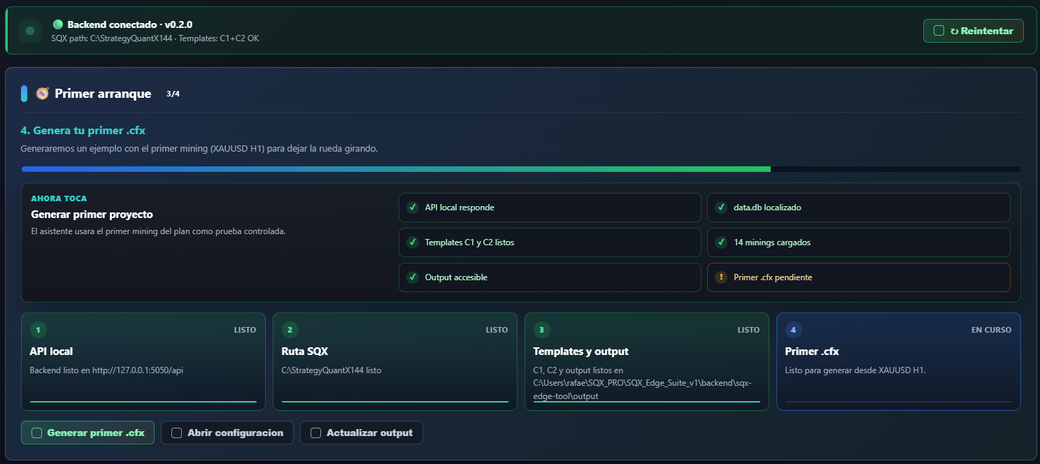 Dashboard de SQX Edge — vista general del workflow